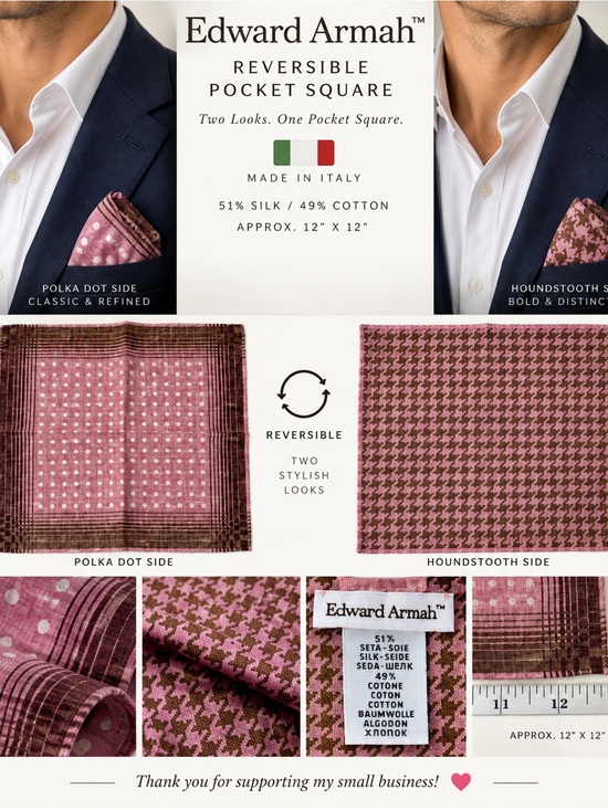 Edward Armah Other - Edward Armah Reversible Pocket Square 12" Silk Cotton Polka Dot Houndstooth